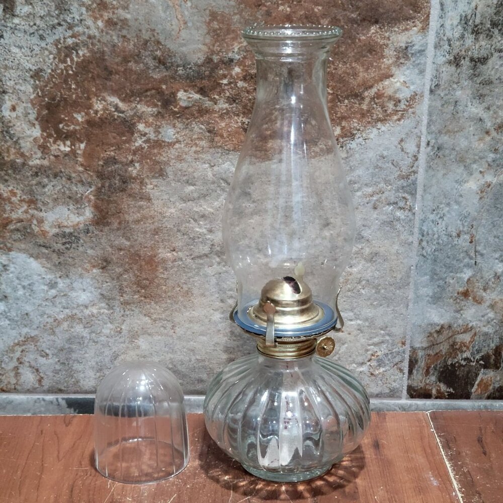 Vintage Golden Globe Clear Glass Kerosene Oil Lamp Ribbed Base